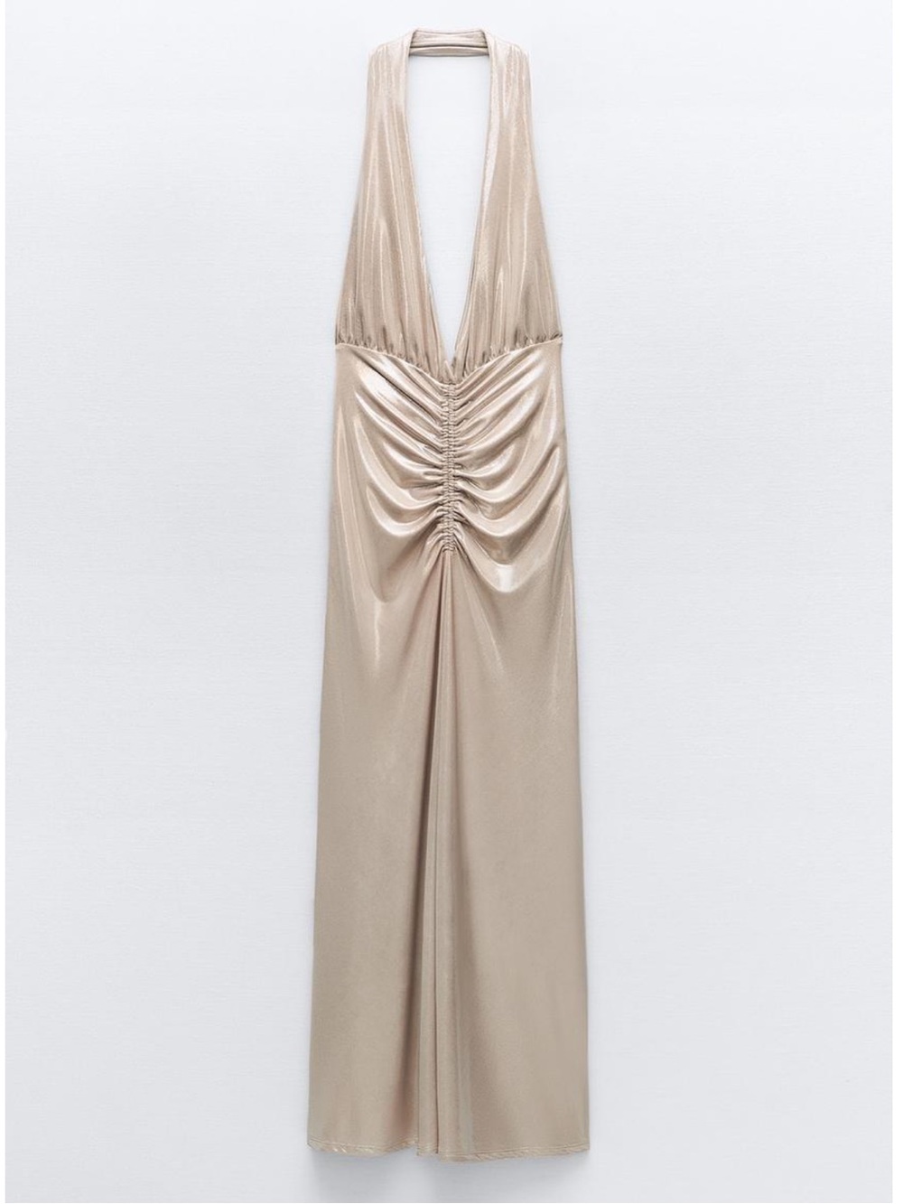 Zara Metallic Champagne Halter Ruched Maxi Dress